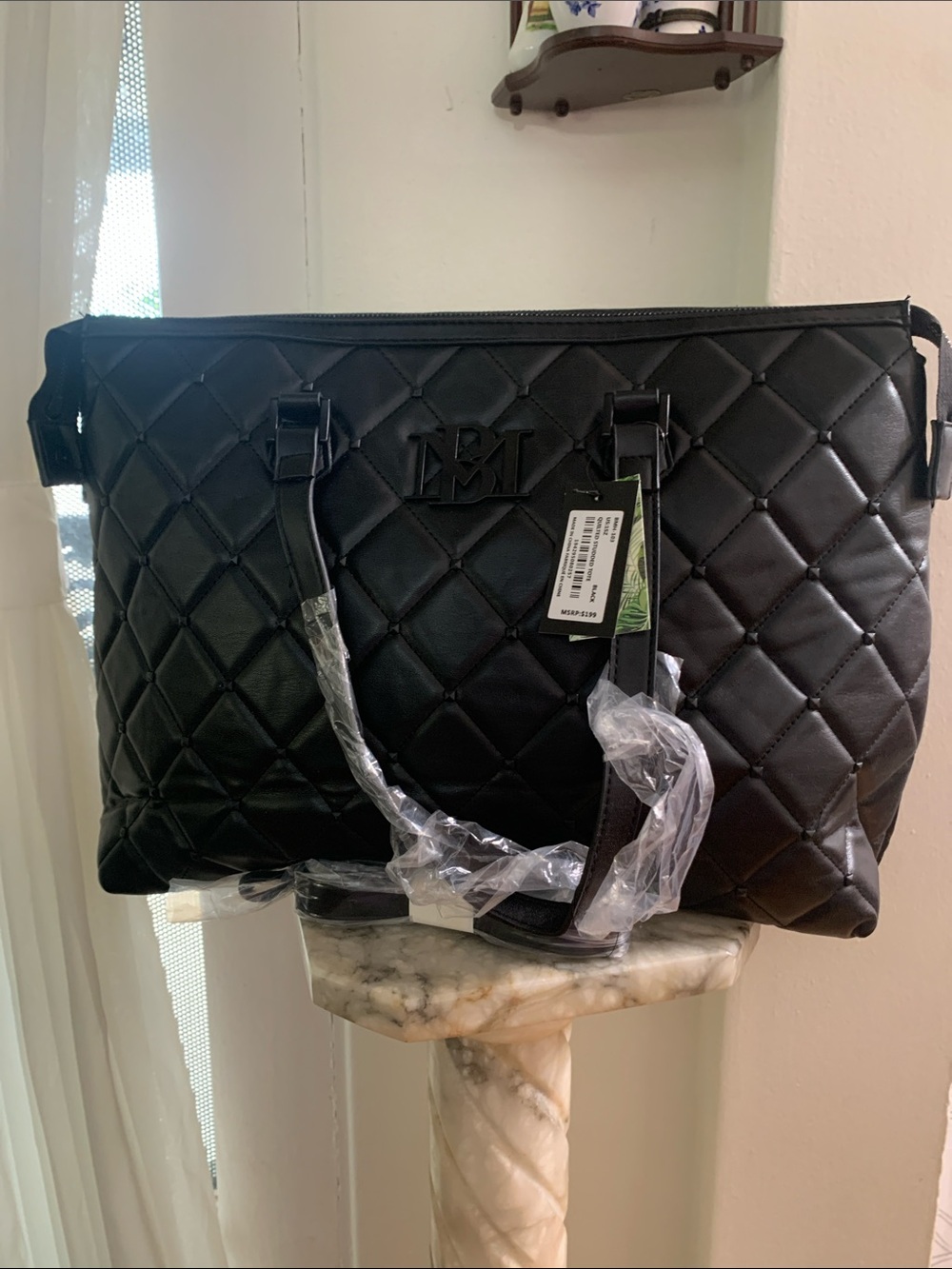 Badgley Mischka Black Quilted Vegan Tote Satchel